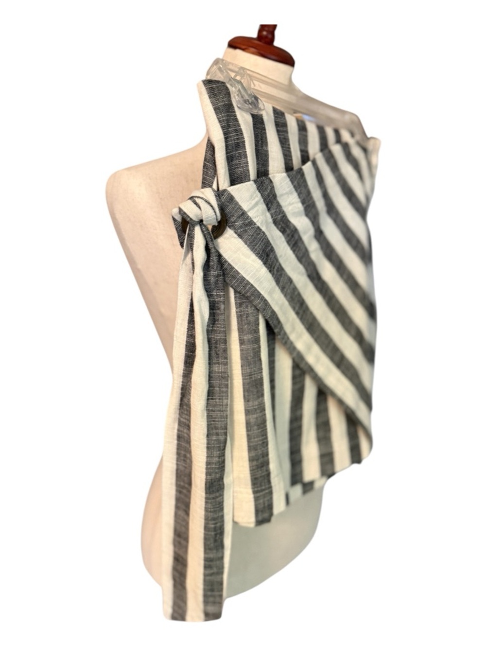By Together Charcoal & White Striped Wrap Mini Skirt. Linen Blend - Picture 2 of 3